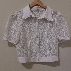 White Lace Button Down Blouse with Satin Trim
